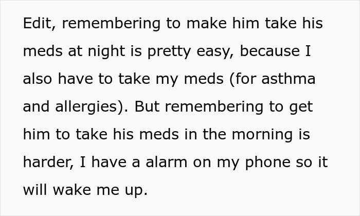 Text about care brother nocturnal epilepsy discussing medication routines and using alarms to remember doses.