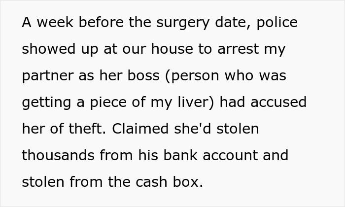 Text excerpt describing a legal dispute involving refusing to donate liver before surgery and alleged theft accusations.