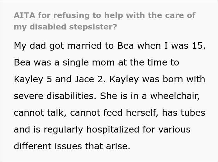 Text excerpt about a 19-year-old resisting preparation for caregiver role for disabled stepsister with severe disabilities.
