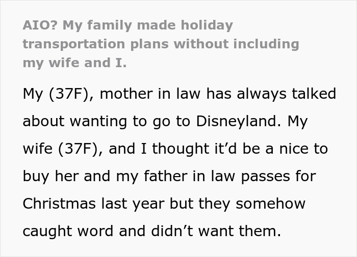 Family separate drive to Disneyland causing holiday transportation issues and planning challenges between in-laws. Family separate drive to Disneyland causing holiday transportation issues and planning challenges between in-laws.