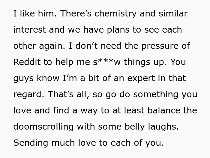 Text on a white background discussing plans to see someone again, emphasizing chemistry despite embarrassment, with a positive closing message. Text on a white background discussing plans to see someone again, emphasizing chemistry despite embarrassment, with a positive closing message.