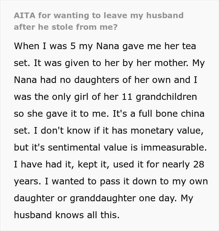 Text excerpt about a woman’s tea set with sentimental value causing marital conflict after husband steals it and gives to niece. Text excerpt about a woman’s tea set with sentimental value causing marital conflict after husband steals it and gives to niece.