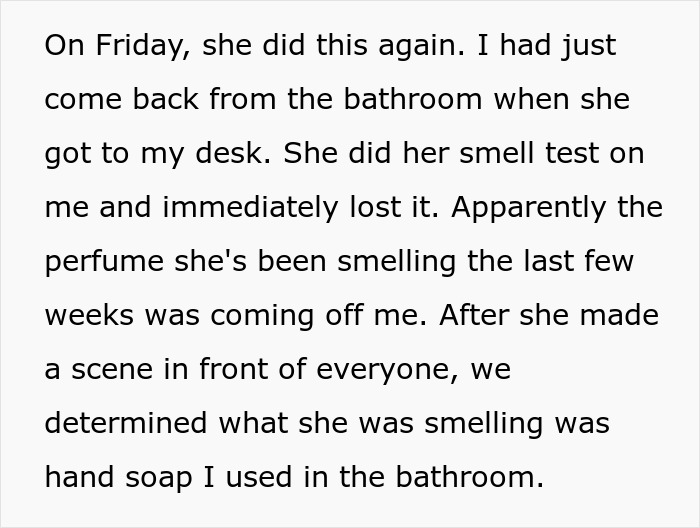 Text excerpt describing a coworker sensitive to smells who stopped washing hands after a perfume scent caused discomfort.