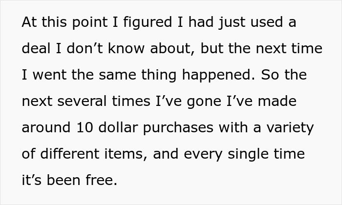 Text excerpt describing a guy&rsquo;s experience with convenience store purchases that he initially thought were free.