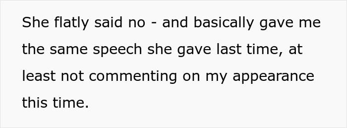 Text showing a rejected request and repeated speech, related to a greedy daycare manager and car towing dispute. Text showing a rejected request and repeated speech, related to a greedy daycare manager and car towing dispute.