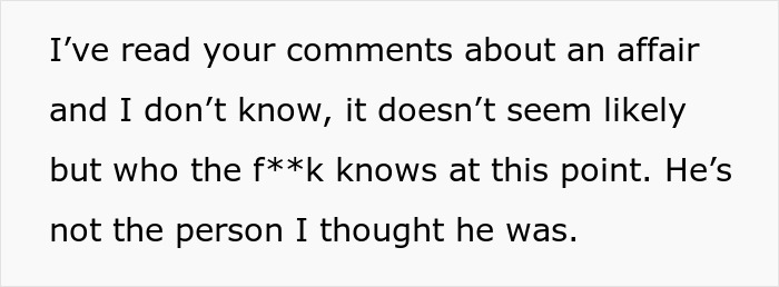 Text excerpt discussing doubts about a guy using a boys trip as a disguise for an affair and his true character. Text excerpt discussing doubts about a guy using a boys trip as a disguise for an affair and his true character.