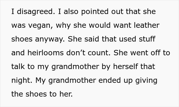Text excerpt showing a disagreement about vegan sister wearing grandma’s leather shoes and family heirloom conflict. Text excerpt showing a disagreement about vegan sister wearing grandma’s leather shoes and family heirloom conflict.