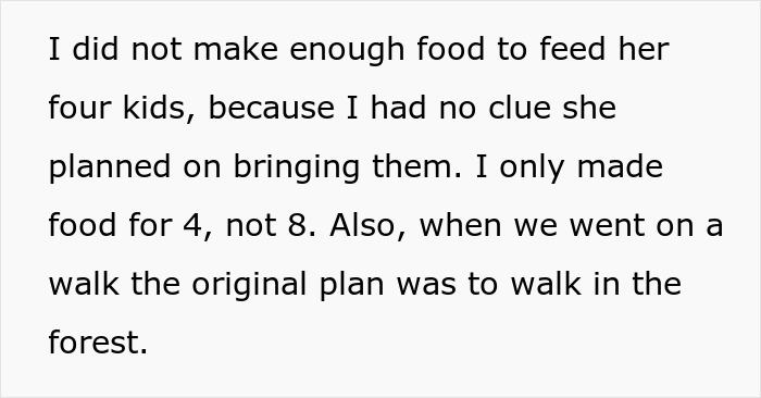Text describing a mom of 4 causing issues in group activities by bringing her kids, upsetting neighbors. Text describing a mom of 4 causing issues in group activities by bringing her kids, upsetting neighbors.