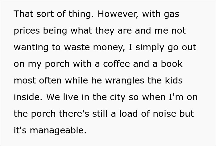 Text about a mom of 3 escaping talkative neighbors with a privacy sheet while managing noise on her city porch.