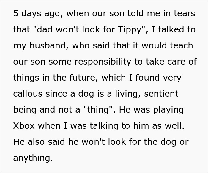 Manchild plays games ignoring son’s lost dog, wife angrily declares console trash day to teach responsibility. Manchild plays games ignoring son’s lost dog, wife angrily declares console trash day to teach responsibility.