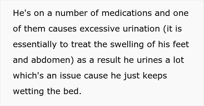 Text excerpt explaining husband’s excessive urination issue causing bedwetting due to medication side effects. Text excerpt explaining husband’s excessive urination issue causing bedwetting due to medication side effects.