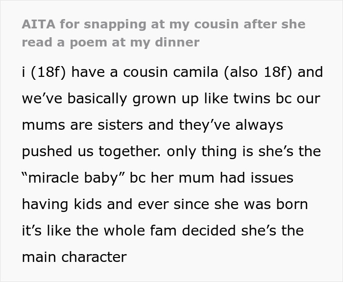 Text screenshot explaining a teen losing patience as her golden child cousin takes over her celebration, causing tension. Text screenshot explaining a teen losing patience as her golden child cousin takes over her celebration, causing tension.