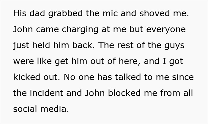 Text describing a tense confrontation involving an annoying toxic friend photographer and social media blocking aftermath.