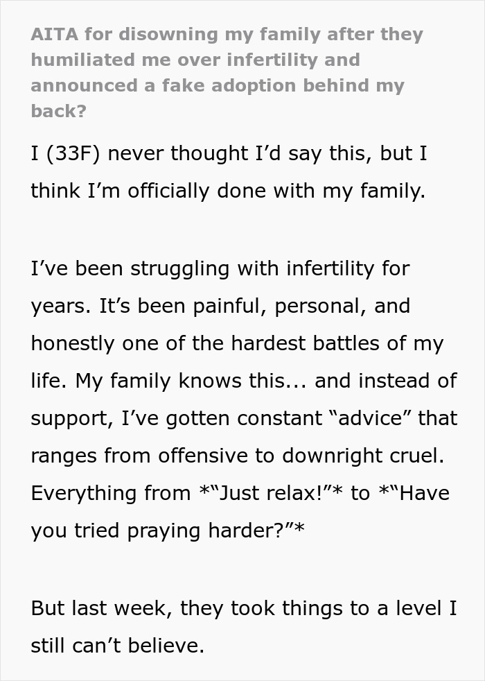 Woman struggles with infertility and faces family drama over bizarre fake adoption plans behind her back. Woman struggles with infertility and faces family drama over bizarre fake adoption plans behind her back.