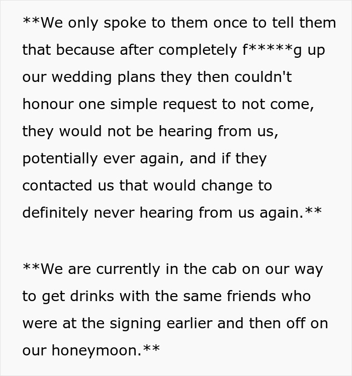 Text revealing how couple’s wedding plans were sabotaged by parents, causing a fallout days before the ceremony.