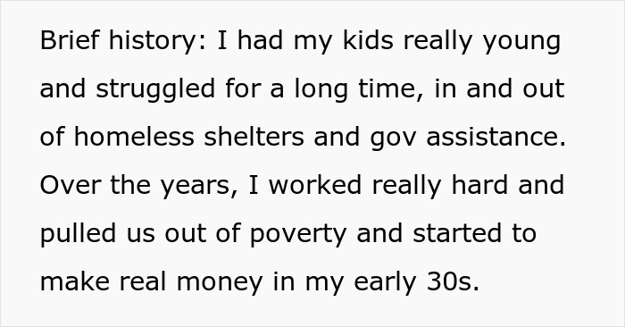 Text excerpt describing a personal story of overcoming poverty and financial struggles to earn real money in early 30s.