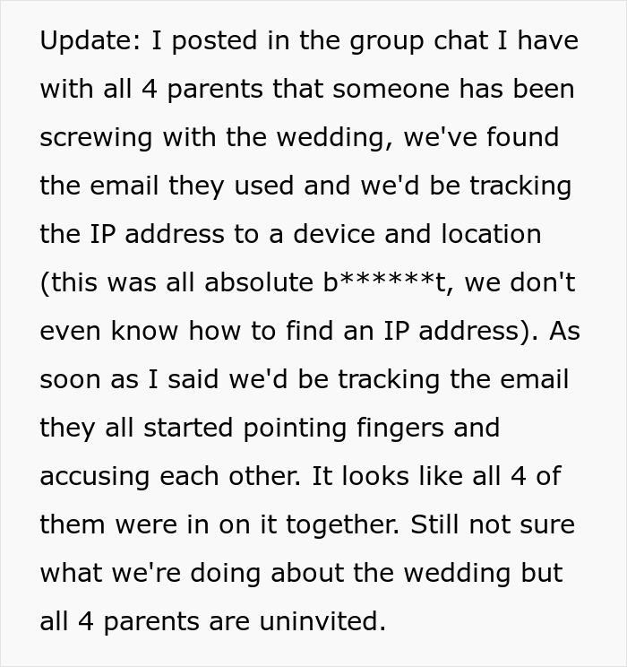 Text message update revealing couple discovers parents sabotaged wedding, causing conflict days before ceremony.