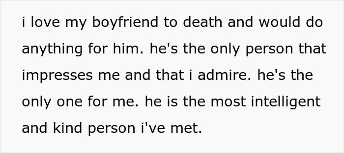 Text image showing a declaration of love for an intelligent, kind boyfriend, highlighting admiration and support.