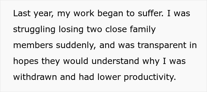 Text block describing an employee’s struggles with burnout after family loss and lowered work productivity. Text block describing an employee’s struggles with burnout after family loss and lowered work productivity.