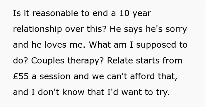 Text excerpt showing someone questioning ending a long relationship after a partner brings up open marriage and therapy costs. Text excerpt showing someone questioning ending a long relationship after a partner brings up open marriage and therapy costs.