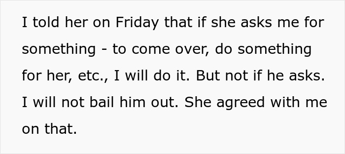 Text excerpt showing a friend refusing to support a slacker hubby who plans to skip caring for wife after surgery. Text excerpt showing a friend refusing to support a slacker hubby who plans to skip caring for wife after surgery.