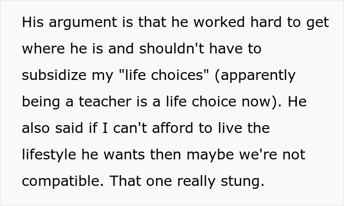 Text excerpt showing a rich boyfriend demanding equal rent split while his girlfriend refuses due to lifestyle differences. Text excerpt showing a rich boyfriend demanding equal rent split while his girlfriend refuses due to lifestyle differences.