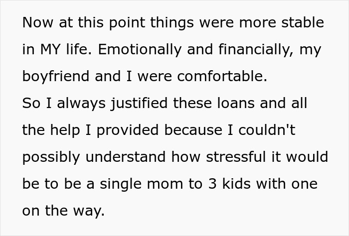 Text excerpt discussing emotional and financial stability while supporting a friend who is a single mom with multiple kids. Text excerpt discussing emotional and financial stability while supporting a friend who is a single mom with multiple kids.