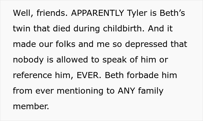 Text describing a sister revealed dead brother lie about a twin who died during childbirth and family silence rules.