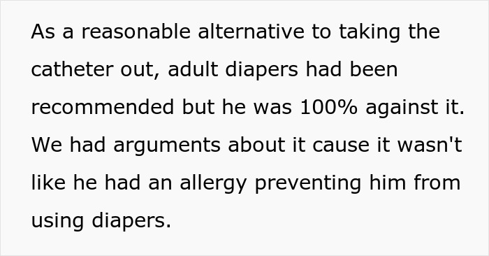 Text about adult diapers and catheter refusal, highlighting arguments and alternative care options. Text about adult diapers and catheter refusal, highlighting arguments and alternative care options.