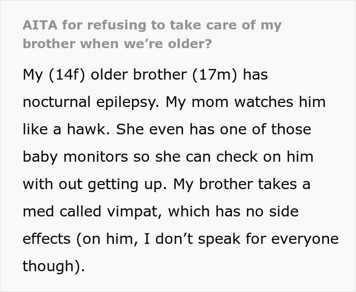 Text post about care for brother with nocturnal epilepsy, describing mother's vigilance and brother's medication use.