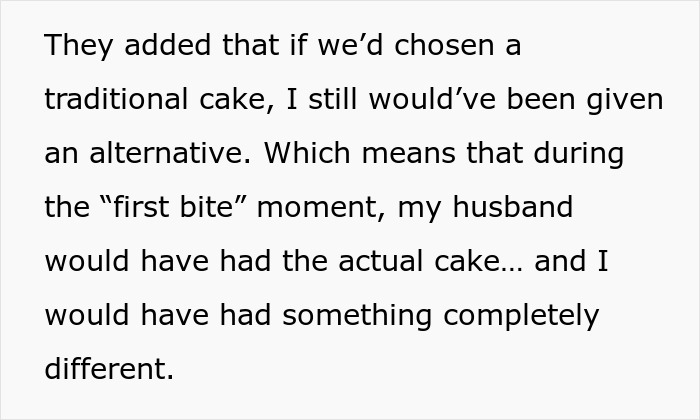 Text excerpt explaining the bride’s allergy caused wedding vendors to leave her with no cupcakes as an alternative option. Text excerpt explaining the bride’s allergy caused wedding vendors to leave her with no cupcakes as an alternative option.