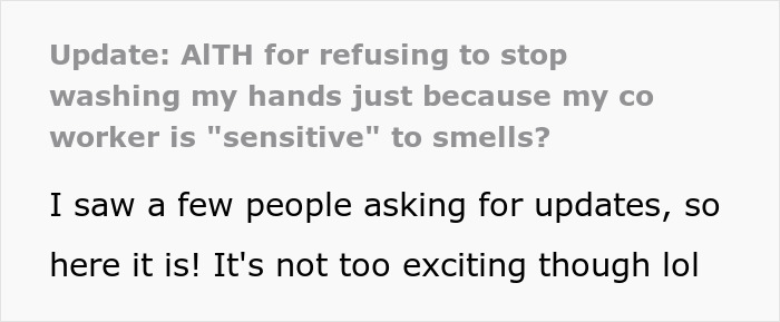 Close-up of text discussing coworker sensitive smells and refusal to stop washing hands at work.