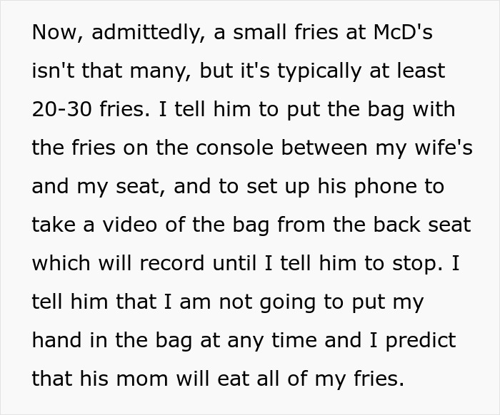 Man films his wife secretly to prove she eats all his fries, capturing family drama over fast-food snack dispute.