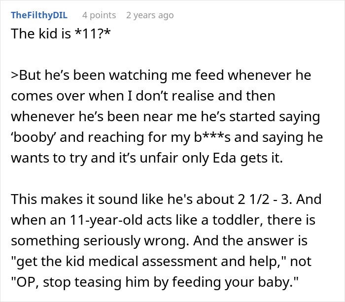 Screenshot of a Reddit comment discussing an 11-year-old acting beyond creepy around stepsister who just gave birth.