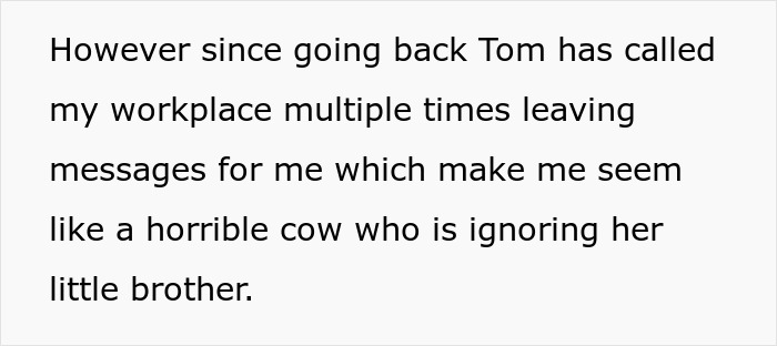 Text excerpt discussing Tom calling a workplace repeatedly, portraying tense family dynamics around stepsister and parents refusing help.