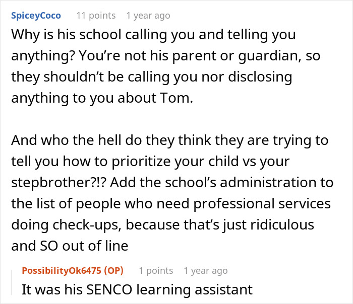 Text conversation about a school calling a non-guardian regarding a child's behavior and prioritizing family members.