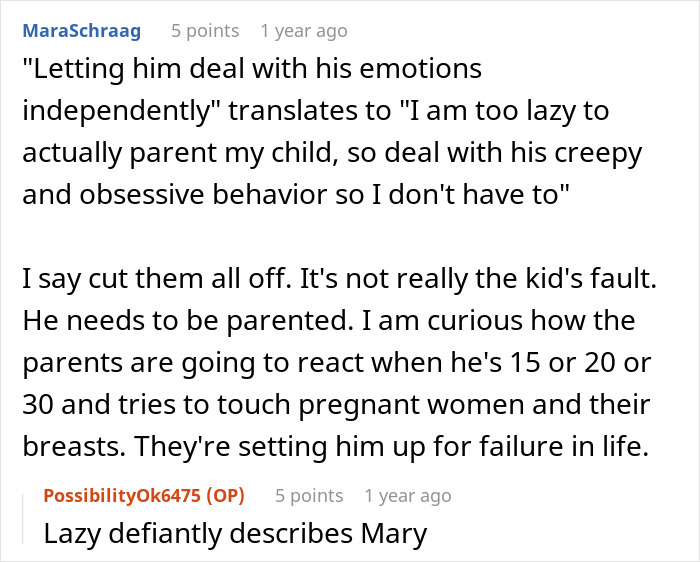 Screenshot of a Reddit conversation discussing an 11-year-old acting creepy around stepsister who just gave birth.