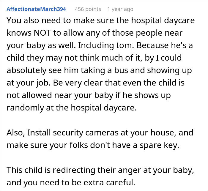 Comment warning about 11-year-old acting creepy around newborn stepsister and parents refusing to get help.