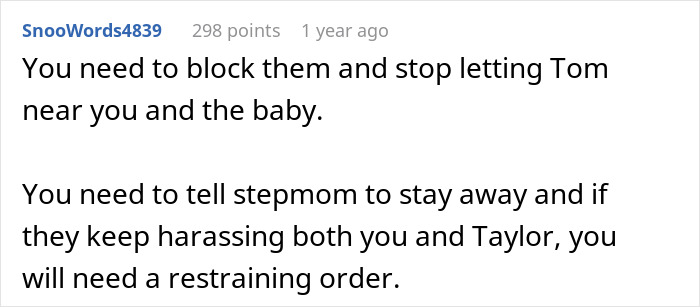 Comment advising to block an 11-year-old acting creepy around stepsister and baby, suggesting restraining order.