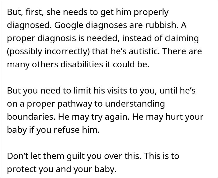 Text excerpt discussing the need for proper diagnosis and boundaries for 11-year-old acting creepy around stepsister after childbirth.