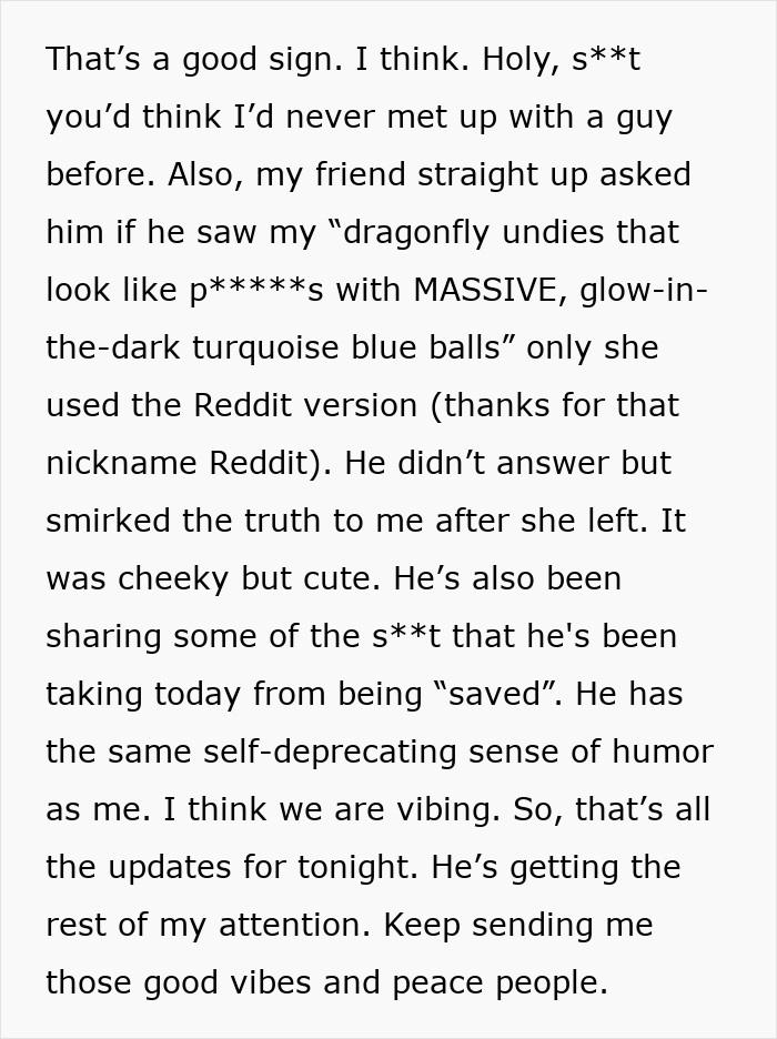Text excerpt describing a lady’s awkward yet successful attempt to save an elite military diver and score a date. Text excerpt describing a lady’s awkward yet successful attempt to save an elite military diver and score a date.