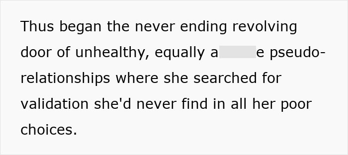 Text excerpt describing a woman reflecting on unhealthy pseudo-relationships and poor choices in a revolving door cycle. Text excerpt describing a woman reflecting on unhealthy pseudo-relationships and poor choices in a revolving door cycle.