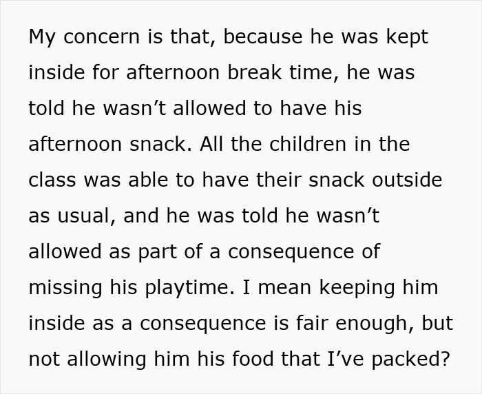 Text discussing concern about a 5YO left hungry at school after teacher denies him his snack as punishment for fighting.
