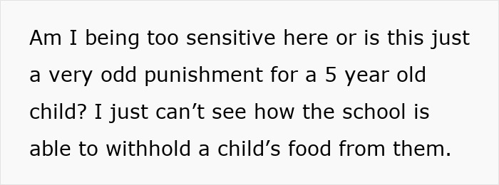 Text expressing concern about the punishment of a 5-year-old left hungry at school after snack denial.