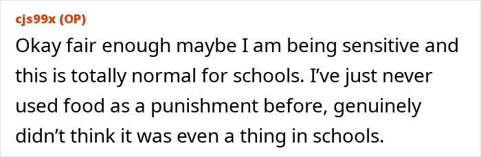 Screenshot of a forum comment discussing a 5-year-old left hungry at school as a consequence for fighting.