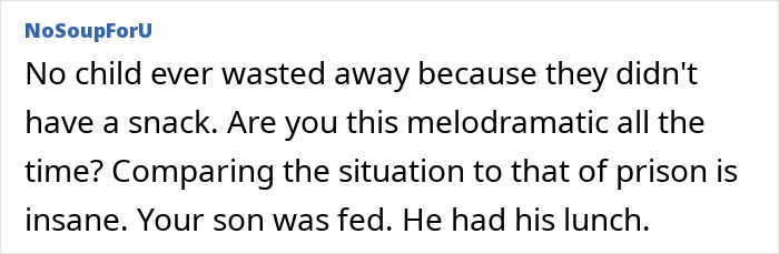 Screenshot of an online comment defending a teacher who denied a 5YO child a snack as a consequence for fighting.