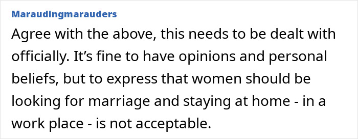 Comment from online forum discussing a religious man making work life insufferable by pushing beliefs on coworkers. Comment from online forum discussing a religious man making work life insufferable by pushing beliefs on coworkers.
