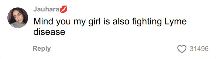 Social media comment from Jauhara about a friend fighting Lyme disease, posted under a Victoria’s Secret Angel wings discussion. Social media comment from Jauhara about a friend fighting Lyme disease, posted under a Victoria’s Secret Angel wings discussion.