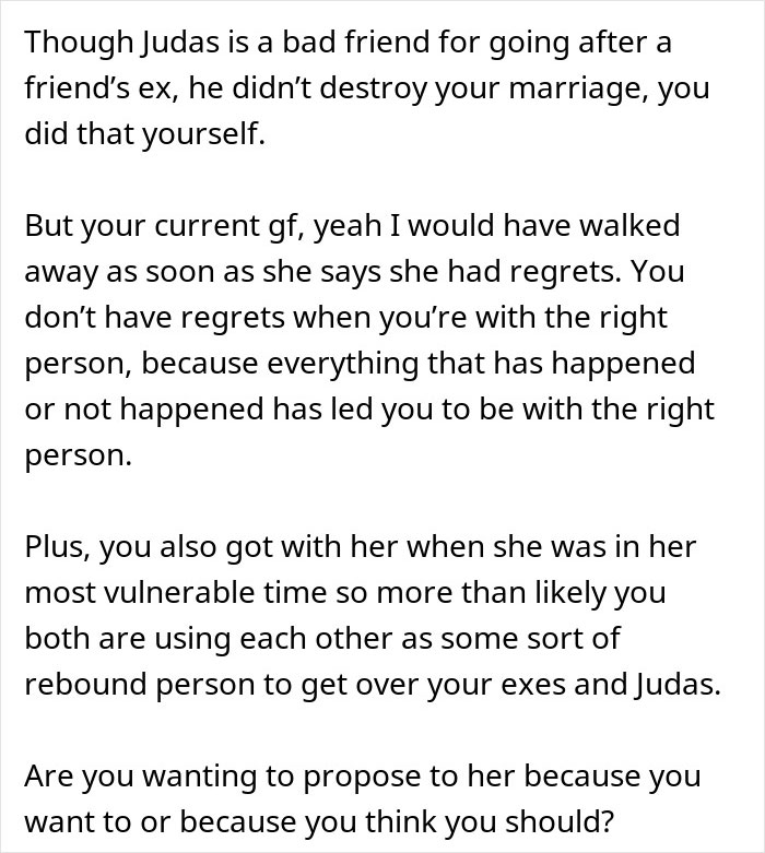 Text excerpt discussing betrayal by best man and concerns about current girlfriend's loyalty after ex-wife's cheating scandal. Text excerpt discussing betrayal by best man and concerns about current girlfriend's loyalty after ex-wife's cheating scandal.