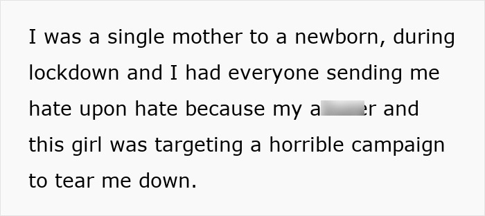 Text excerpt describing a single mother facing targeted hate and humiliation during lockdown from a bestie and ex. Text excerpt describing a single mother facing targeted hate and humiliation during lockdown from a bestie and ex.